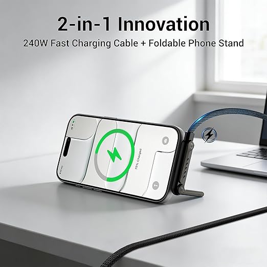 240W 2 in 1 Fast Charging Cable with Adjustable Phone Holder 4.9FT USB C to USB C & Lightning for iPhone MacBook Samsung