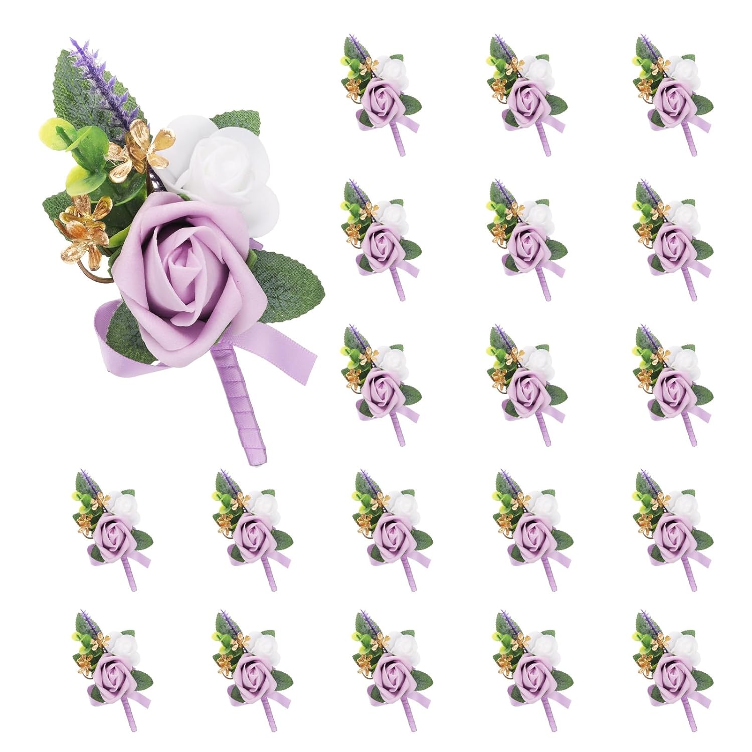 uxcell 20pcs Light Purple Boutonnieres for Men, Artificial Flower Buttonholes Pocket Corsage with Boutonnieres Pins for Wedding Bride Groom Ceremony Anniversary Formal Party
