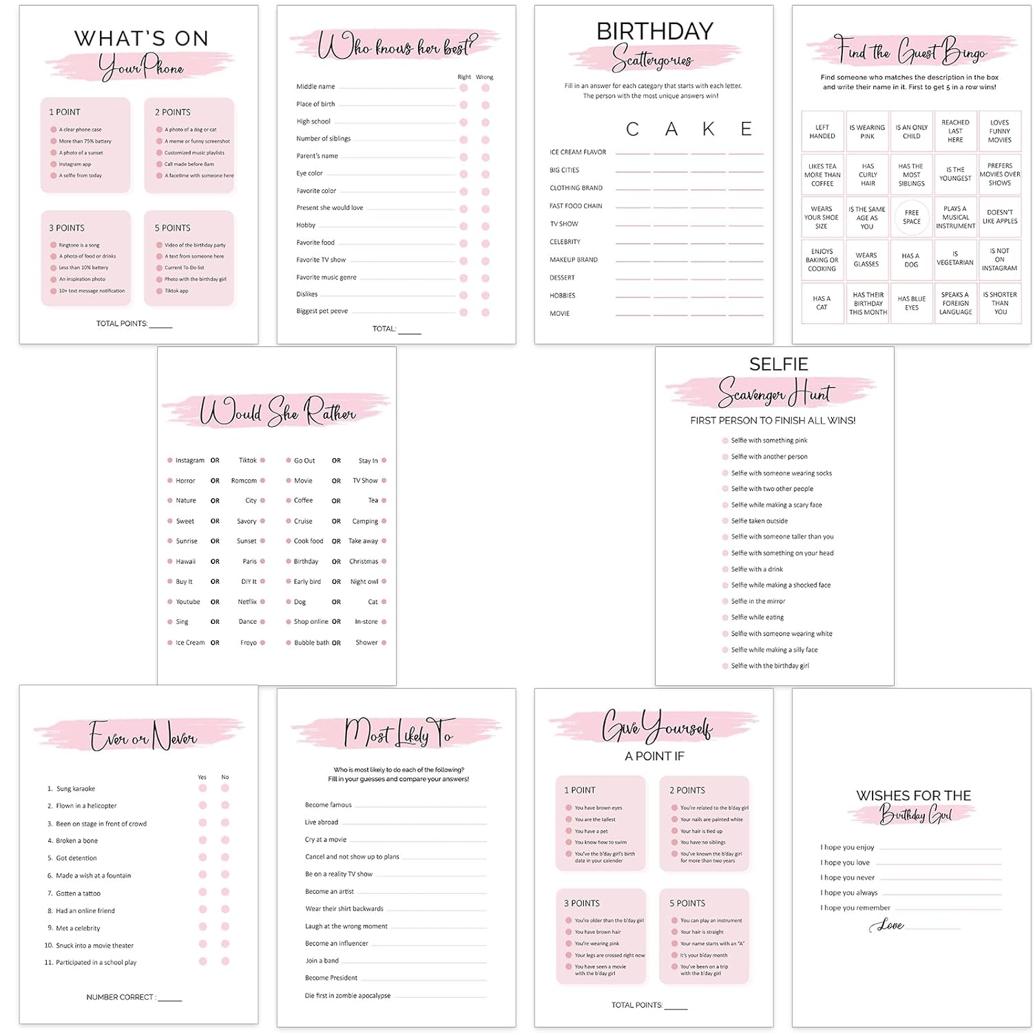 10 Teen Birthday Party Games For Her, Birthday Games Bundle For 20 Guests, Sweet 16 Party Games, Teenager Bday Party Supplies