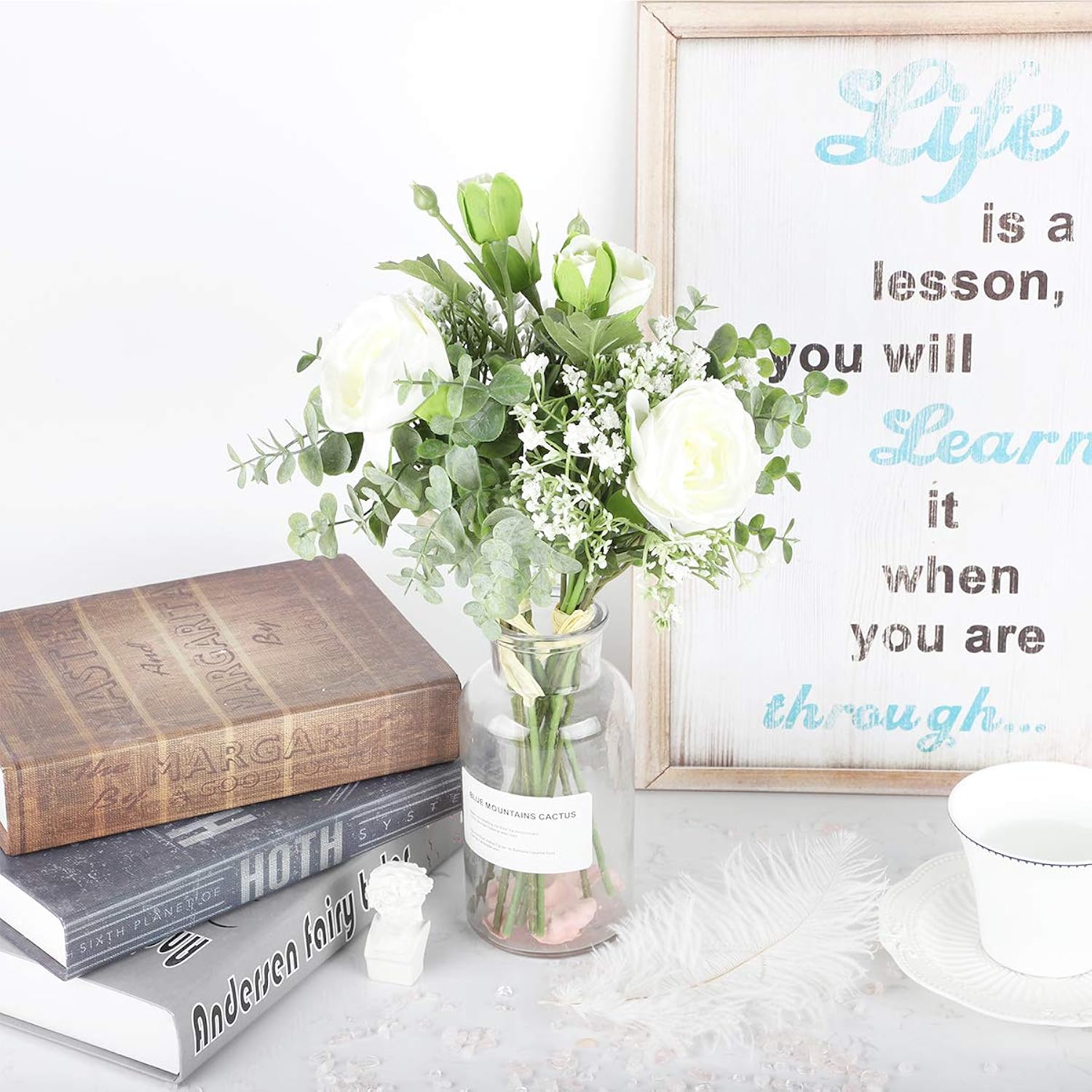 Artificial Flowers 2 Pack White Artificial Roses With Stems Baby Breath For Diy Bouquets Wedding Centerpieces Party Table Decoration Home