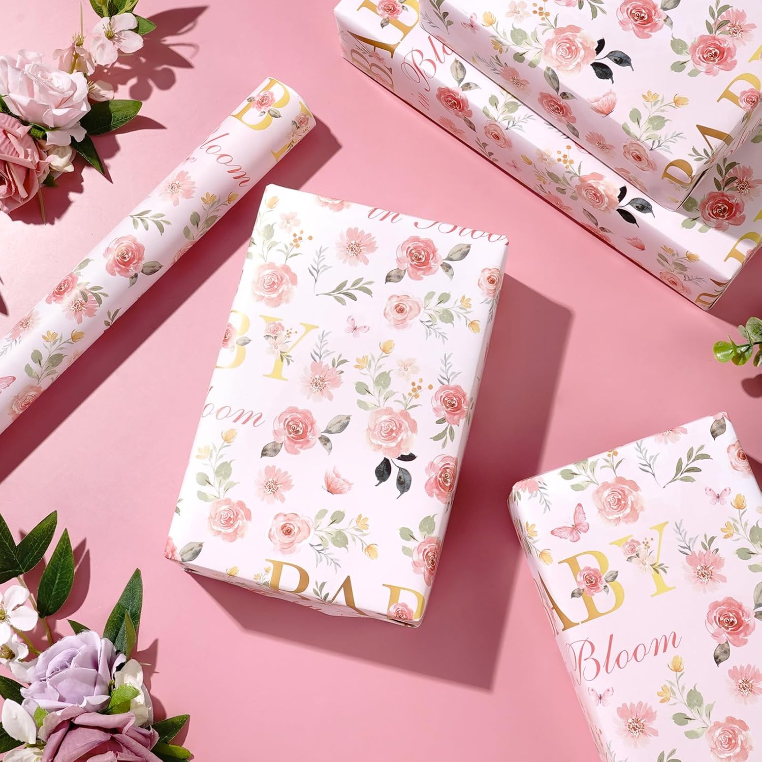 Baby Girl Gift Wrapping Paper Roll Flower Baby Shower Theme Wrapping Paper Pink Newborn Gift Wrap With Rose Green Leaf Butterfly Design For Birthday Christmas Party Supplies, 17 Inch X 16.4 Feet