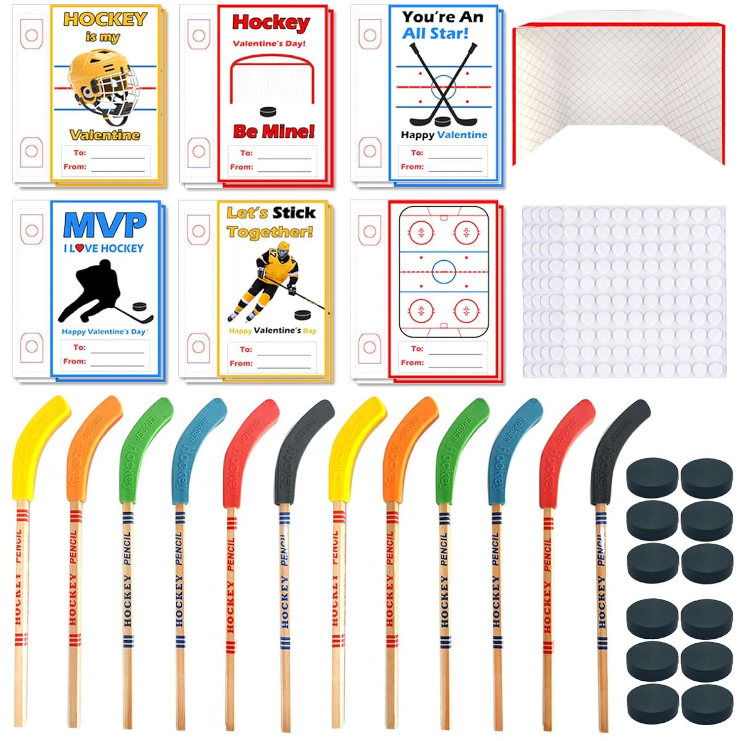 12 Pack Hockey Valentine'S Day Cards, Pencils With Erasers, Mini Hockey Pucks, Hockey Goal For School Classroom Gift Exchange, Valentine Party Favor Supplies