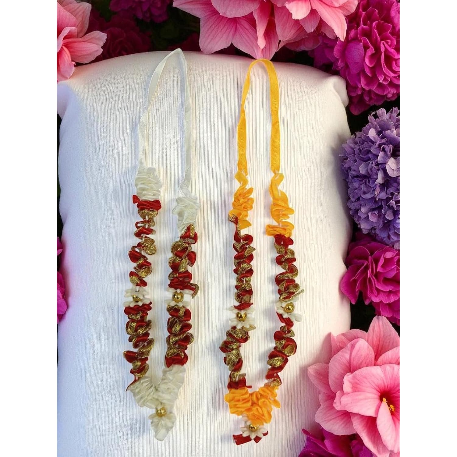 Small Artificial Pooja Mala For God Idol – Reusable Flower Garland, Indian Temple Decor, Accessories For Photo Frame Saawan Pooja Shringar Krishna Janmashtami Accessories (6 Inches) – Set Of 4