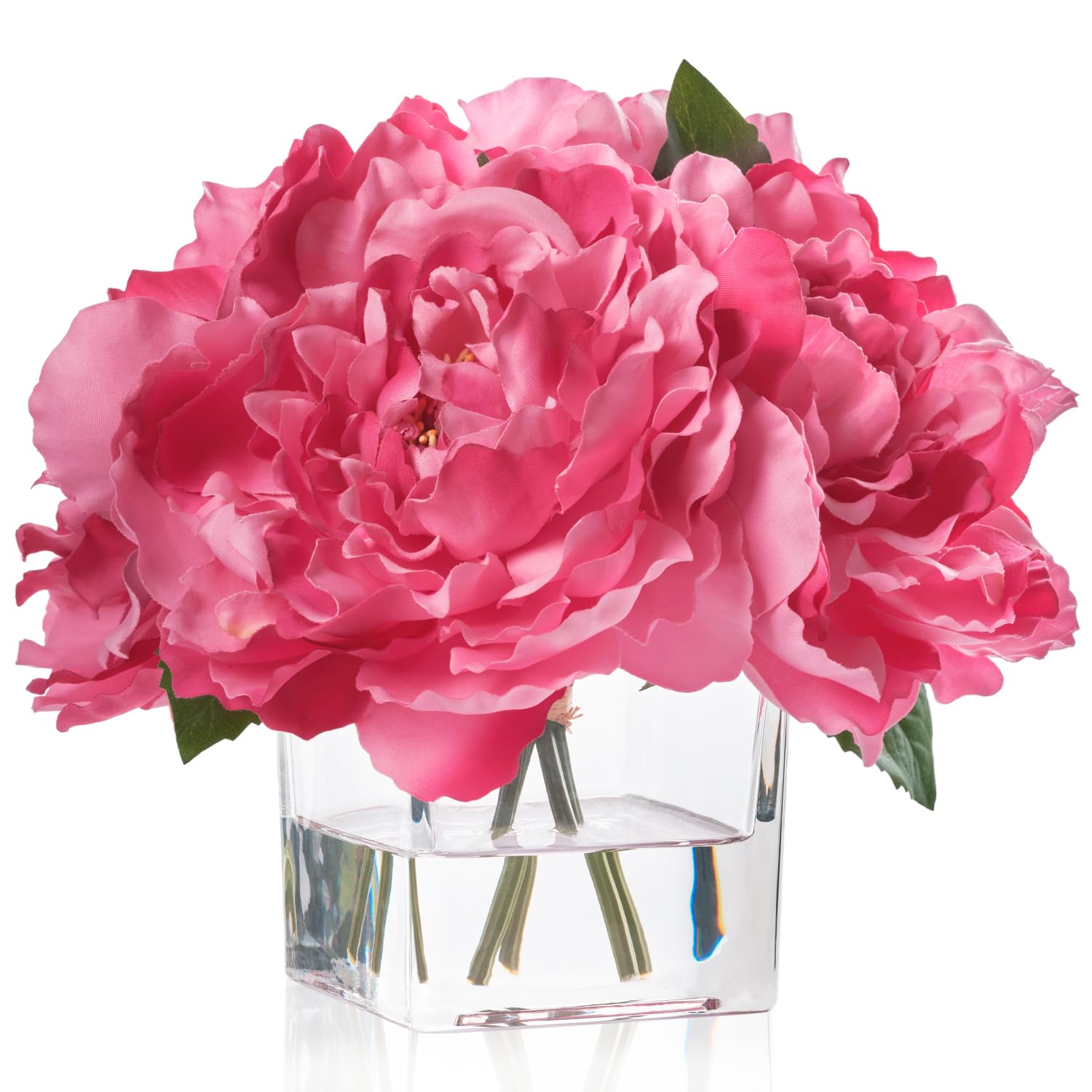 Artificial Peonies Flowers Arrangements In Cube Glass Vase, Wellknown Silk Flower Centerpieces For Dining Room Table, Coffee Table Decor, Faux Peony Flowers With Faux Water (Fuchsia)