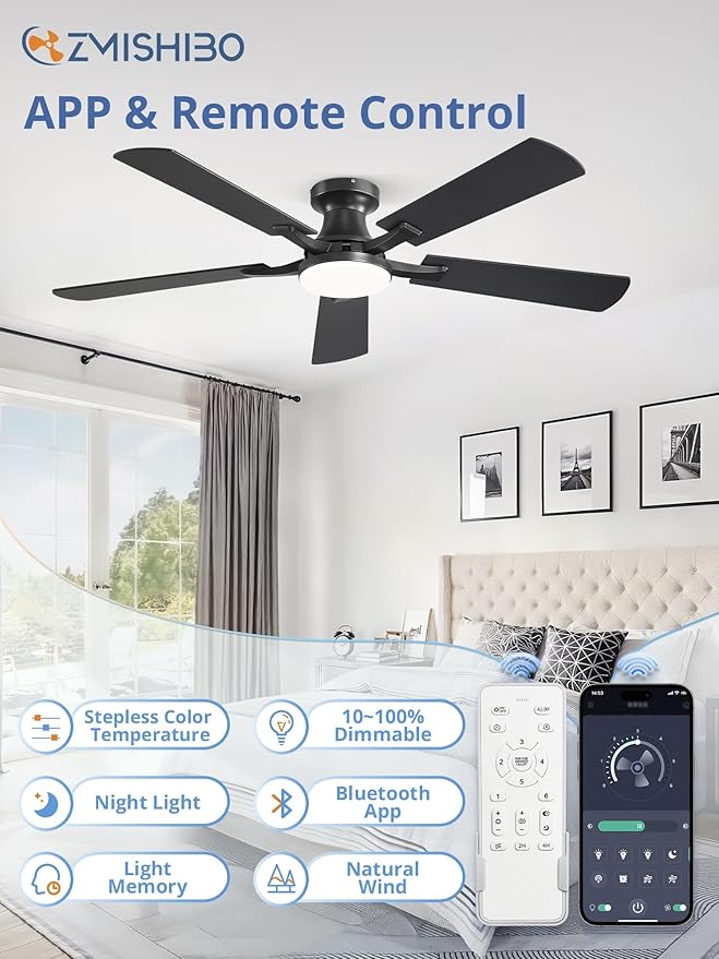 52 Inch Black Ceiling Fan with Light App & Remote Control Dimmable Flush Mount