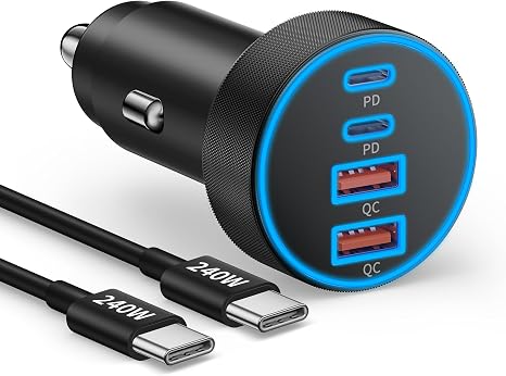 90W 4 Port USB C Car Charger Fast Charging Cigarette Lighter Adapter with 240W Cable