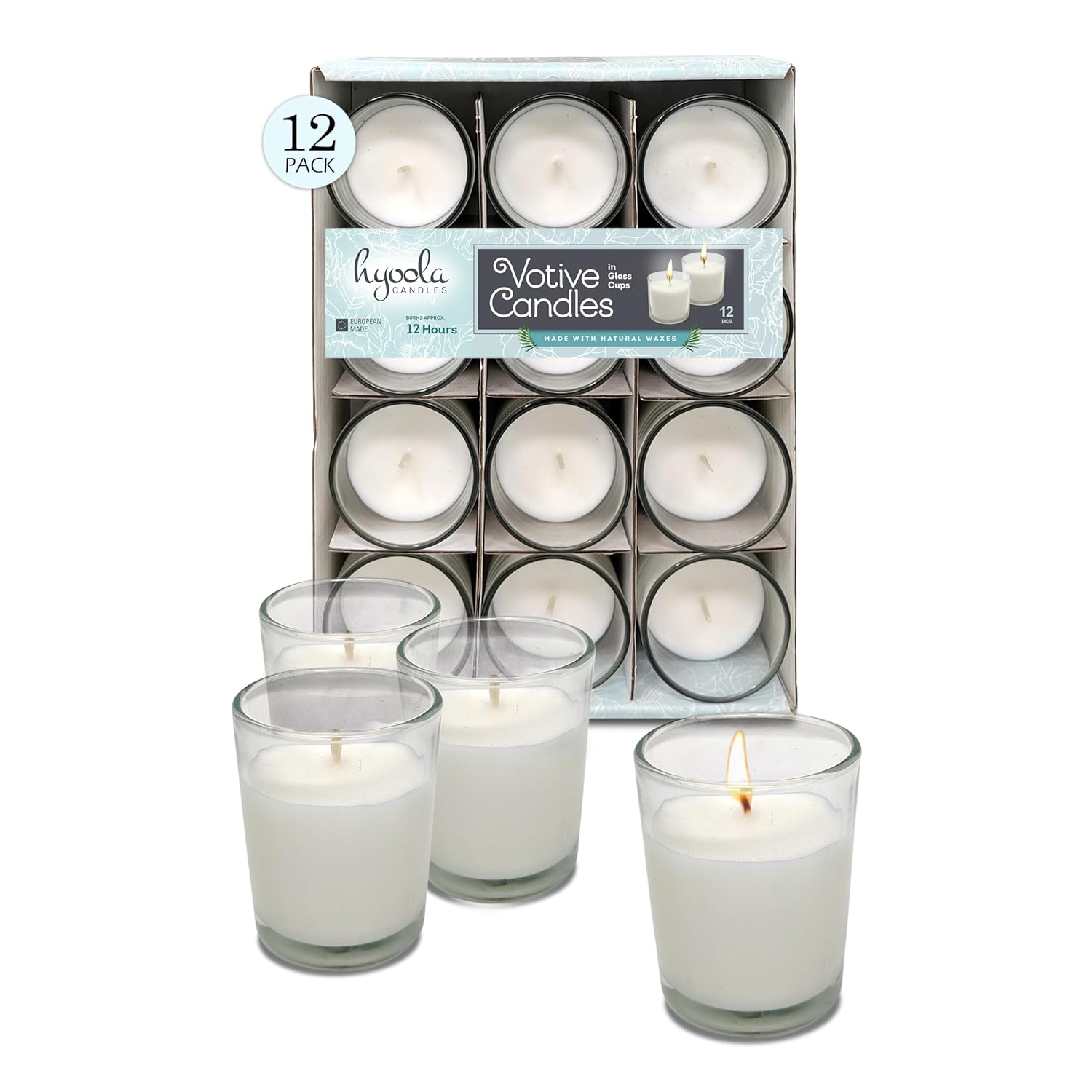 White Votive Candles In Glass - Pack Of 12 Votive Candle - 12 Hour Burn Time - Unscented Votive Candles - European Made Glass Votives