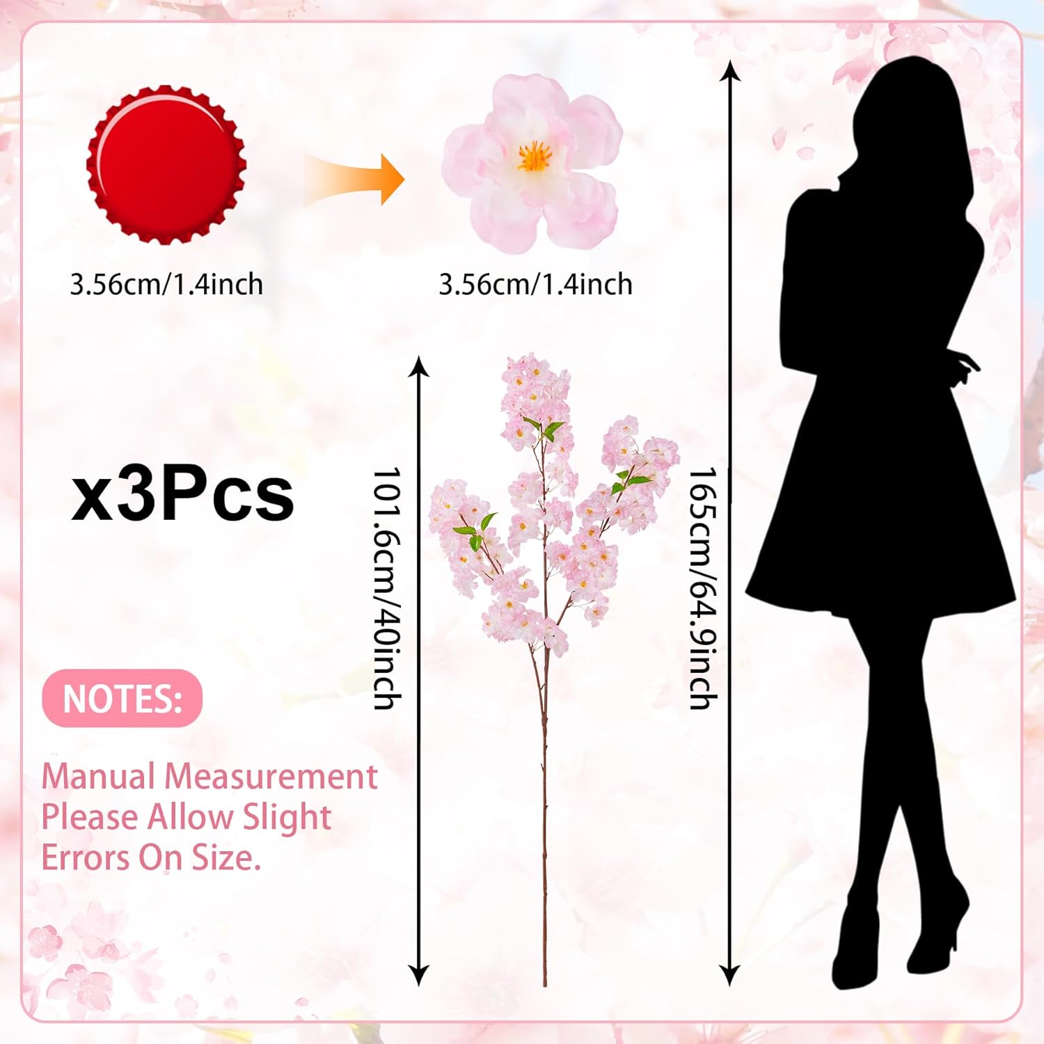 3 Pcs Pink Artificial Cherry Blossom Branches, 40 Inch Realistic Faux Long Stems Cherry Blossom Flowers Vase Arrangements For Wedding, Table Centerpiece, Home Party, Kitchen Decor