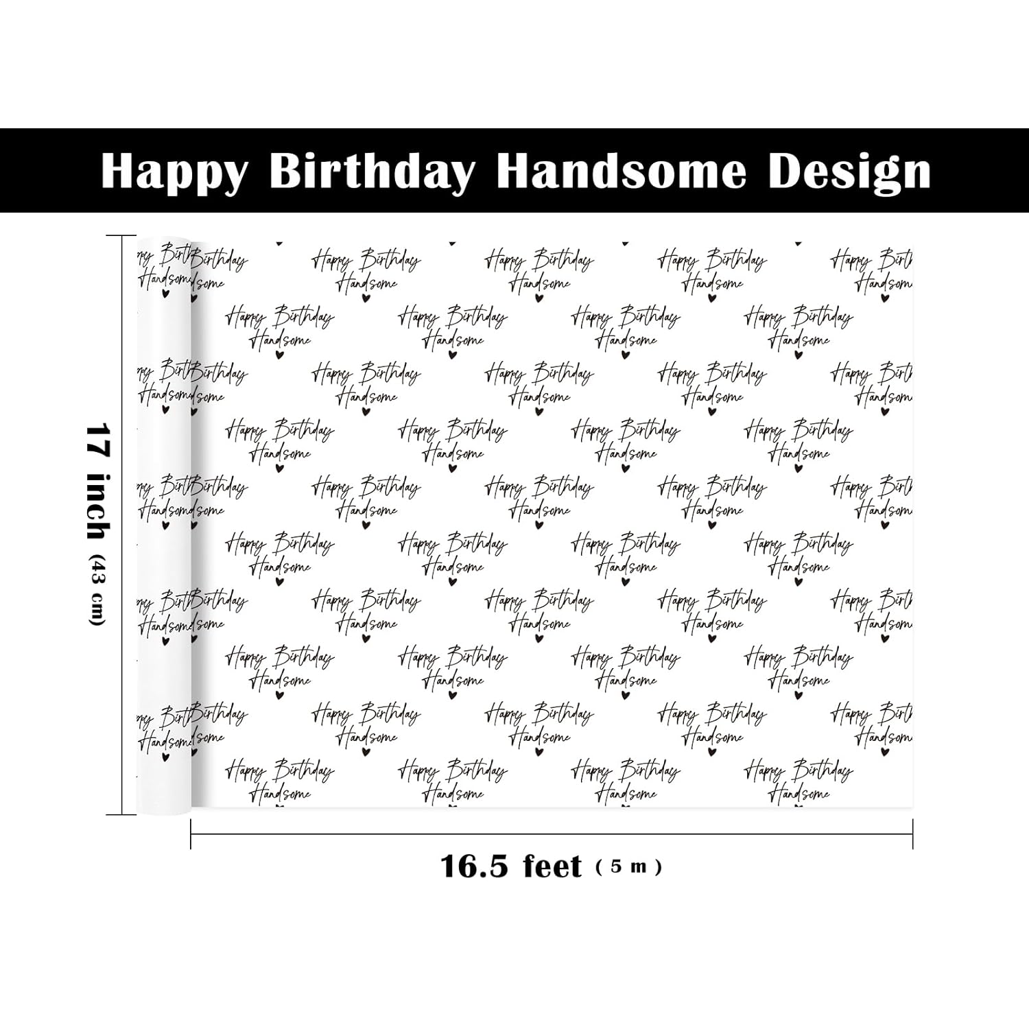 Birthday Wrapping Paper For Men - Mini Roll - 17 Inch X 16.5 Feet - Happy Birthday Handsome Design For Special Friend, Boyfriend, Husband