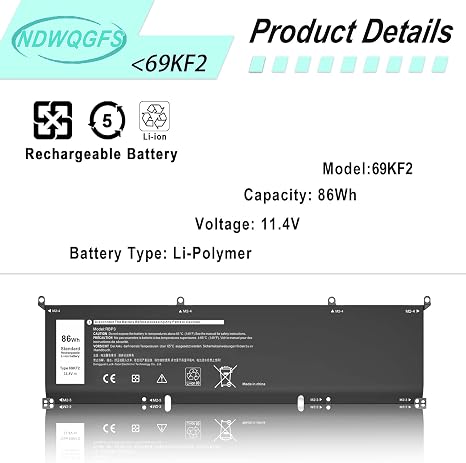 69KF2 86Wh 114V 6Cell Laptop Battery Replacement for Dell XPS 15 Precision Alienware