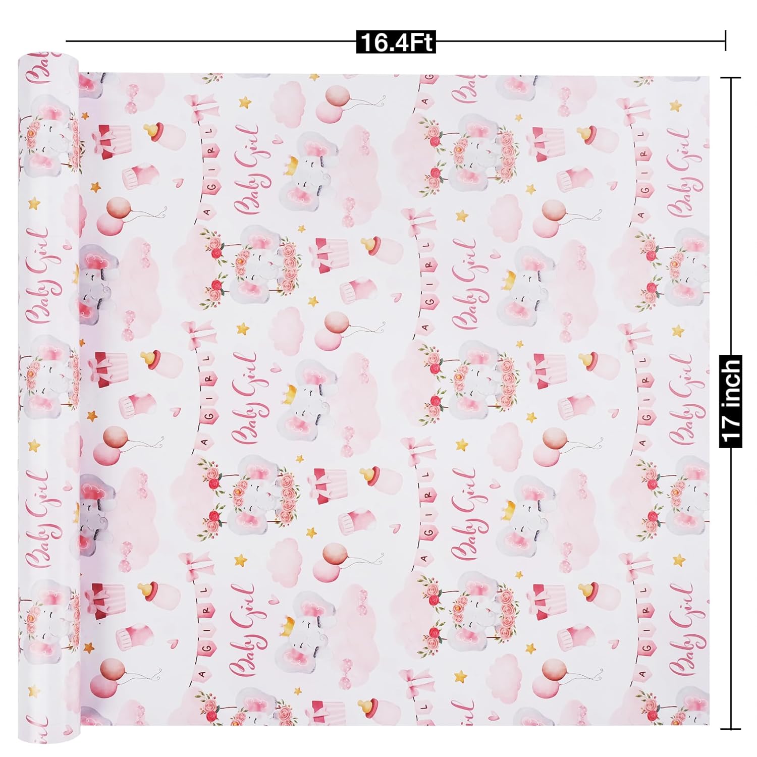 Pink Baby Shower Wrapping Paper Roll - 17 Inch X 16.4 Feet - Cute Elephant With Baby Girl Letter Design Perfect For Girls, Birthday, Party