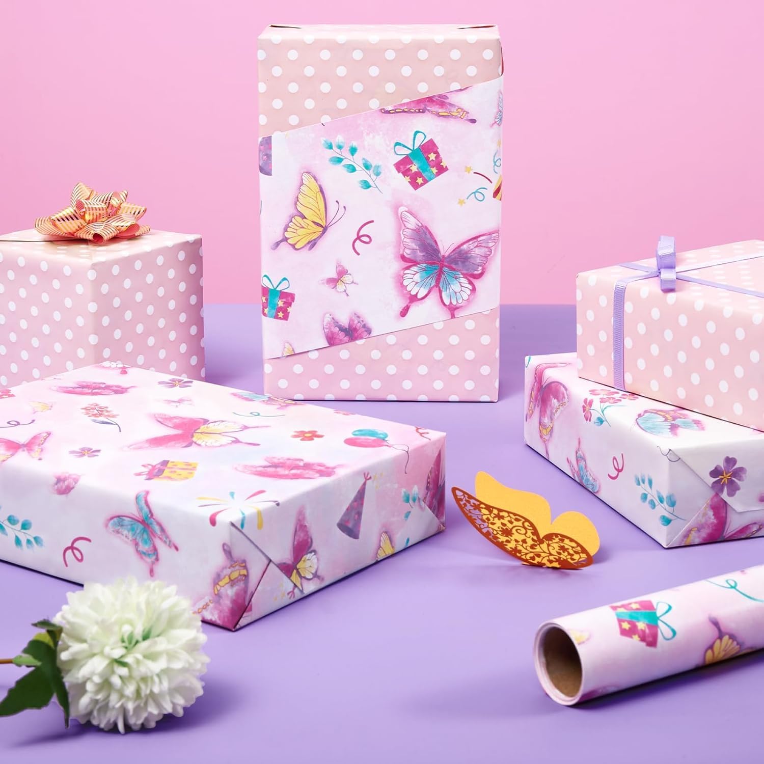 Butterfly Wrapping Paper Roll - 1 Roll 17” X 33 Ft Butterfly Fairy Wrapping Paper Pink Purple Flower Gift Packing For Kids Girls Birthday Baby Shower Bridal Shower Decor Reversible Polka Dot