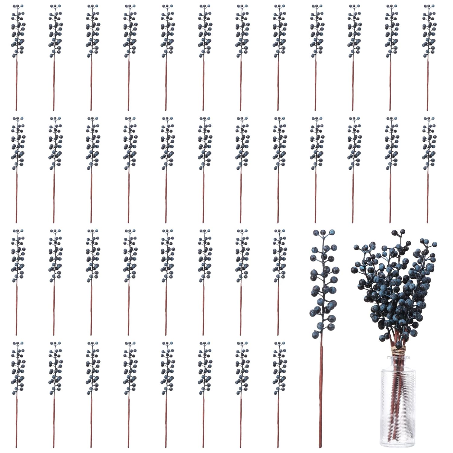 40 Pcs 11.81 Inch Artificial Berry Picks With Stems Fake Faux Berry Picks Ornaments For Diy Craft Home Anniversary Wedding Holiday Party Decor(Blue)
