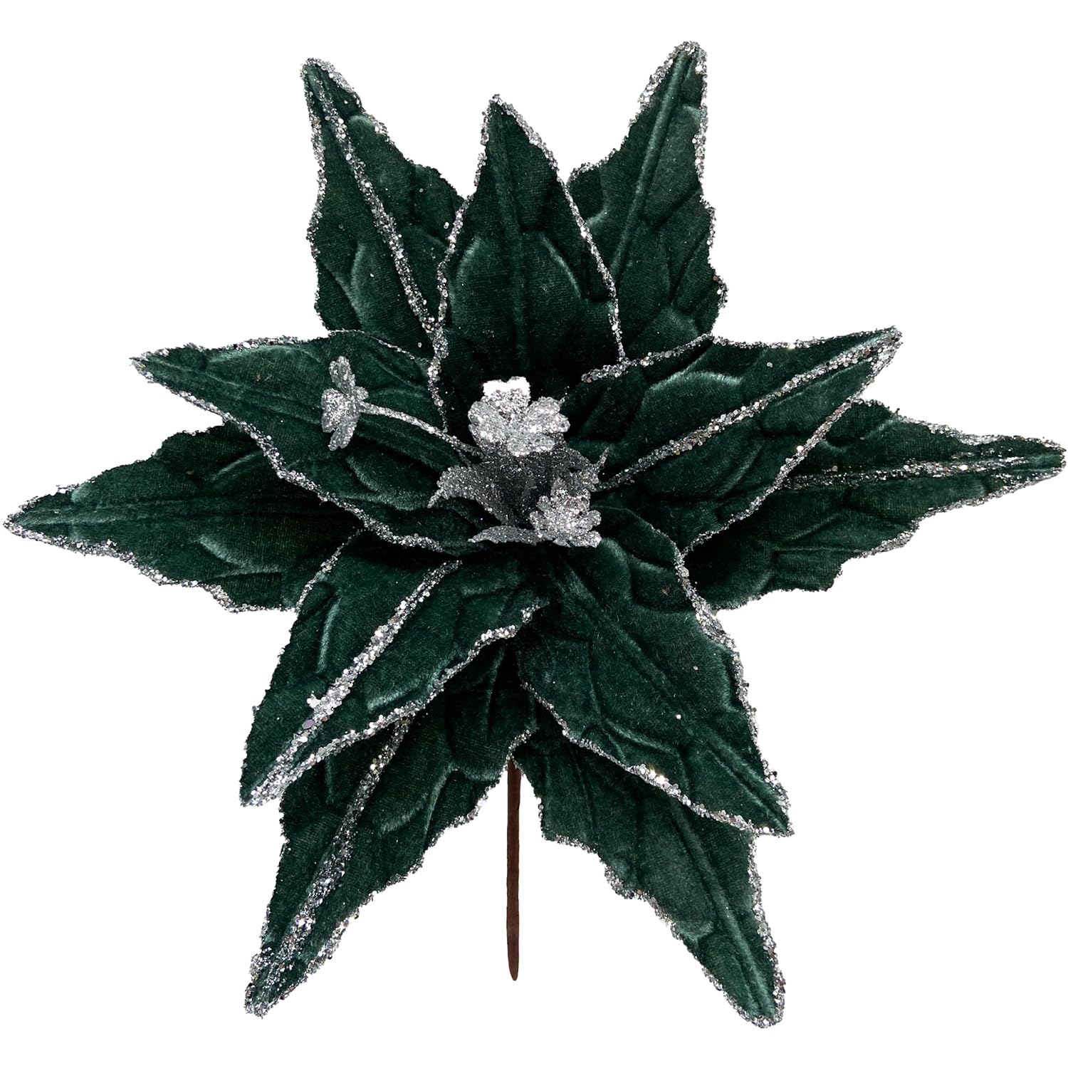 11.8’’ Large Glitter Christmas Flower 6 Pcs Artificial Velvet Poinsettia Flowers Ornaments Glitter Christmas Tree Flowers Big Xmas Tree Wreath New Year Decorations (Dark Green 11.8'')