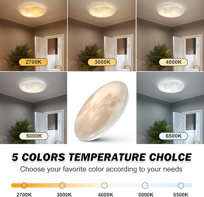 15 Inch 3D Moon LED Ceiling Light 5CCT Adjustable Flush Mount Fixture