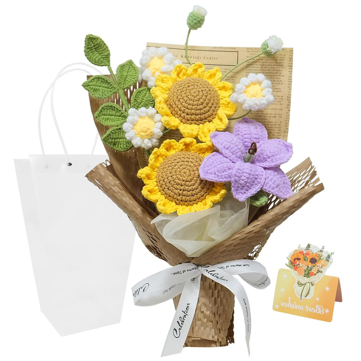 Crochet Flowers Bouquet, Handmade Knitted Sunflower,Crochet Artificial Flower For Valentines Day Lover Gift,Weddings,Family,Friends,Birthday,Mother’S Day, Graduation Gifts (With Gift Bag&Card)