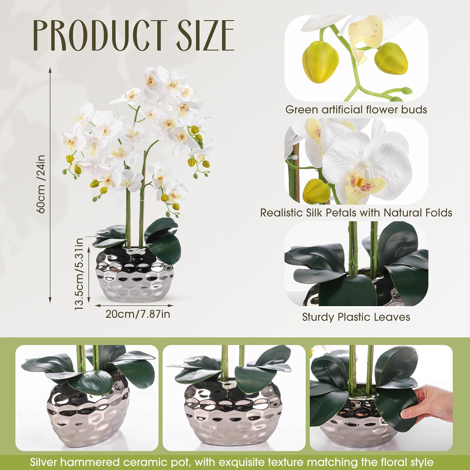 2 Pack Orchids Artificial Flowers 24" White Faux Phalaenopsis With Ceramic Pot, Real Touch Faux Silk Orchid Plant For Table Centerpieces Home Office Living Room Weeding Decoration