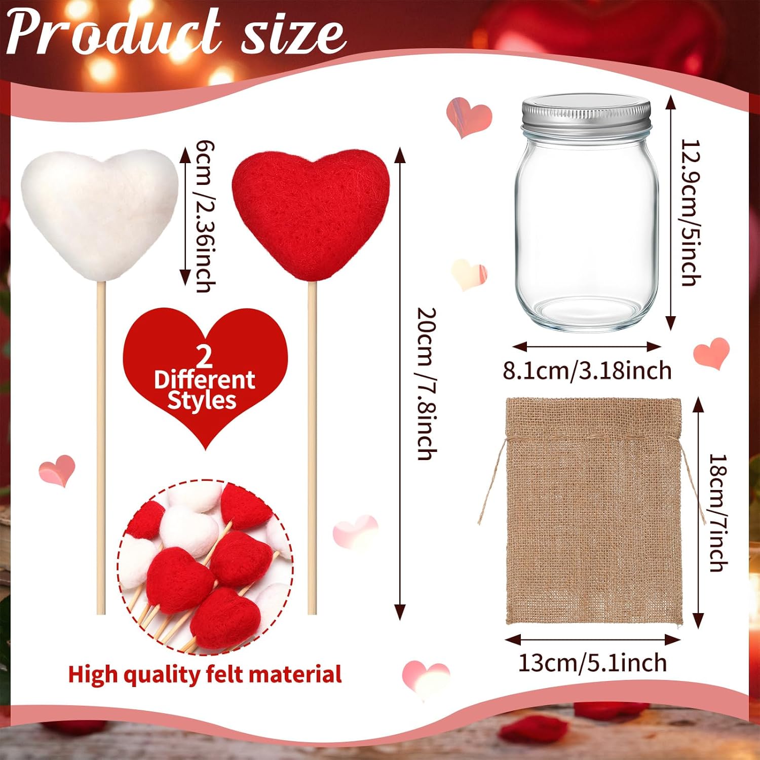 Rustic Valentines Table Decorations Set, Valentines Mason Jars Decor With 12 Pcs Red White Felt Heart Picks Galentines Bouquet Heart Flower Stick Gifts For Lovers Dinning Table Office