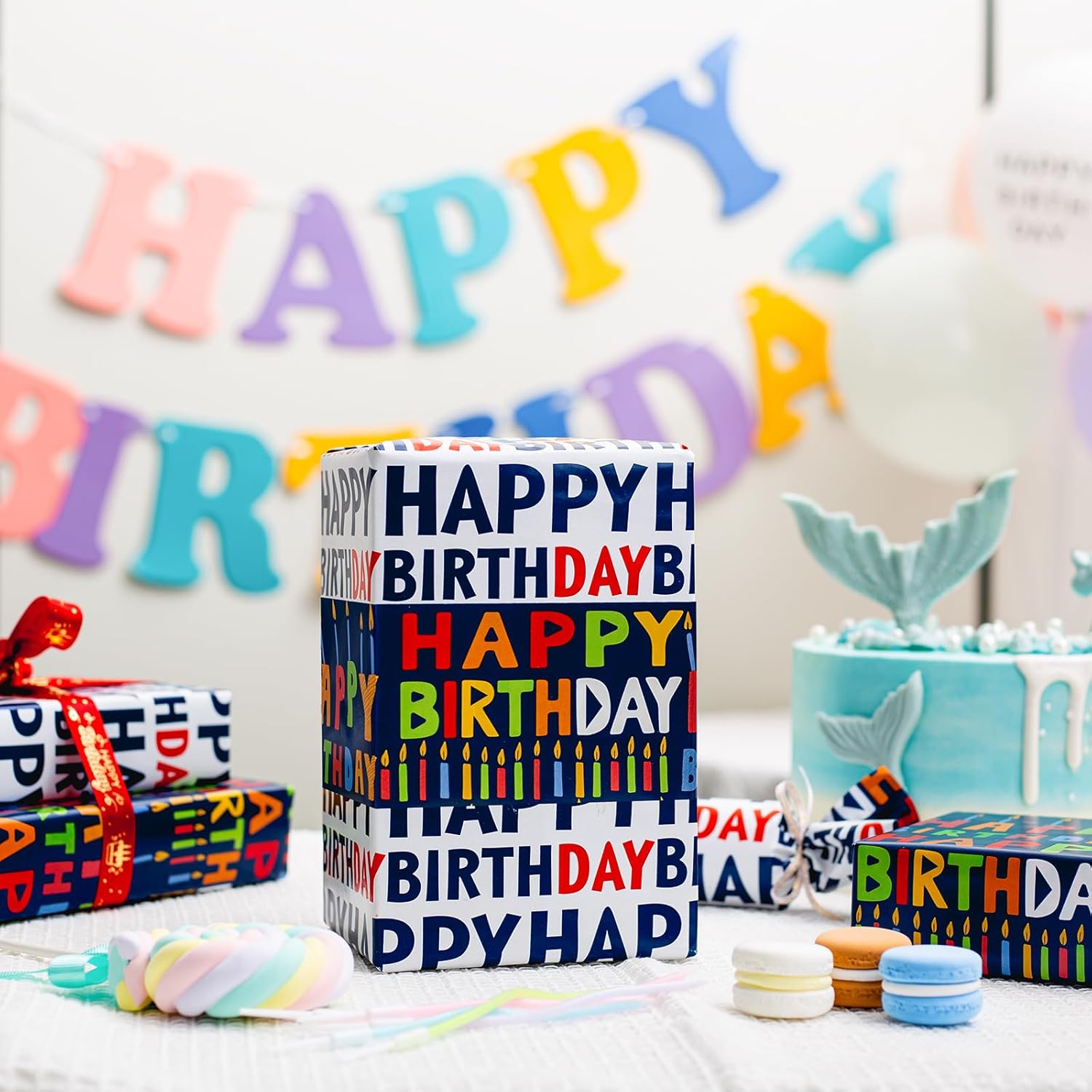 Reversible Birthday Wrapping Paper Roll - 17 Inch X 33 Ft(46.8 Sq.Ft.Ttl) - Creative Colorful Happy Birthday Lettering & Candle Navy Blue Gift Wrap For Party, Baby Shower & Holiday