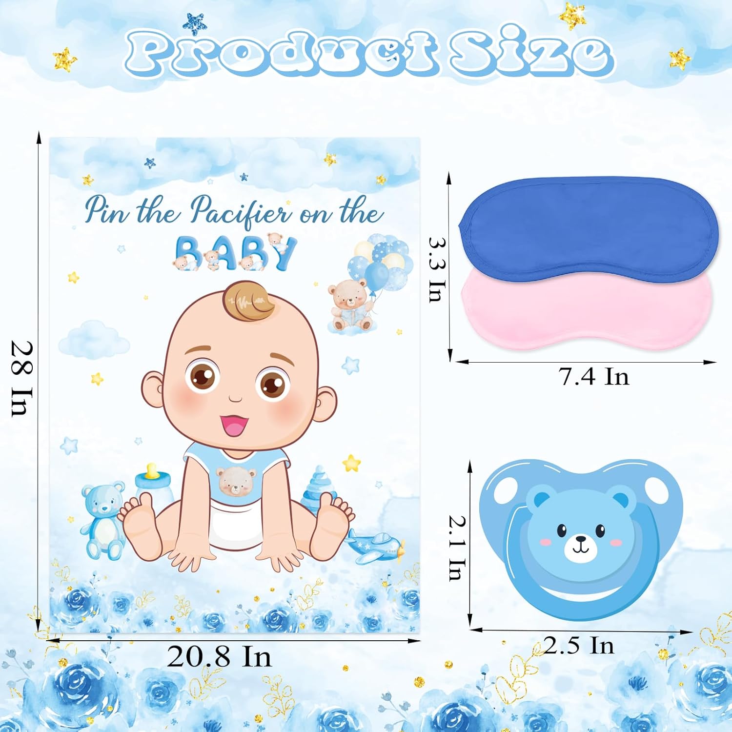 Pin The Pacifier On The Baby Game, Baby Shower Party Decorations With Large Poster Blindfolds And 30 Pacifier Stickers, Baby Theme Party Activity Supplies (Blue Bear)