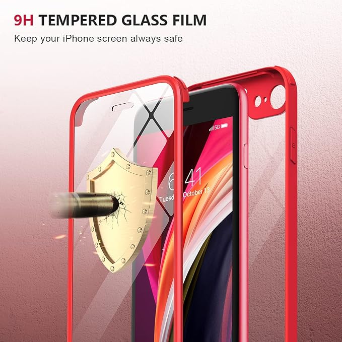 iPhone SE 3rd 2nd Gen 2022 2020 Case Full Body Built-in Glass Screen Protector Red