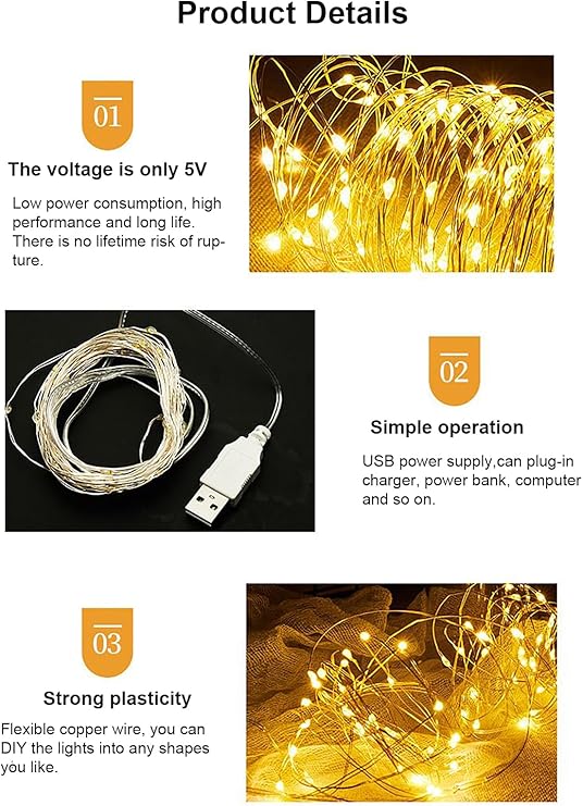 2M 20 LED Fairy String Lights USB Powered Warm White Mini Twinkle Lights for Desk Office Christmas Tree Party Bedroom Decor (2 Pack)