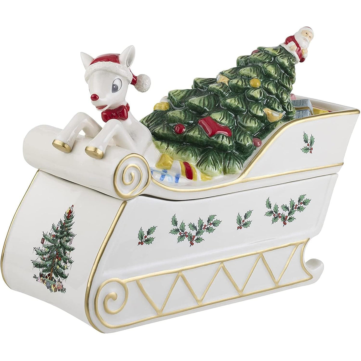 Christmas Tree Rudolph Cookie Jar - 11" Dolomite Nostalgic Christmas Cookie Jar With Lid - Festive Candy Jar For Kitchen Counter, Holiday Cookie Container, Reindeer-Themed Seasonal Home Decor