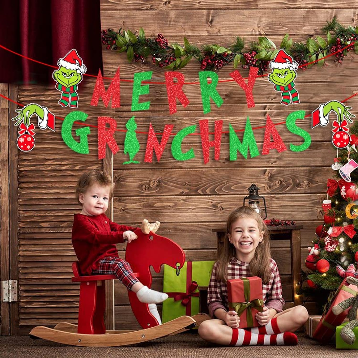 Glitter Merry Christmas Banner - Red Green Glittery Xmas Garland For Home Wall Mantle Fireplace Party Decorations And Supplies