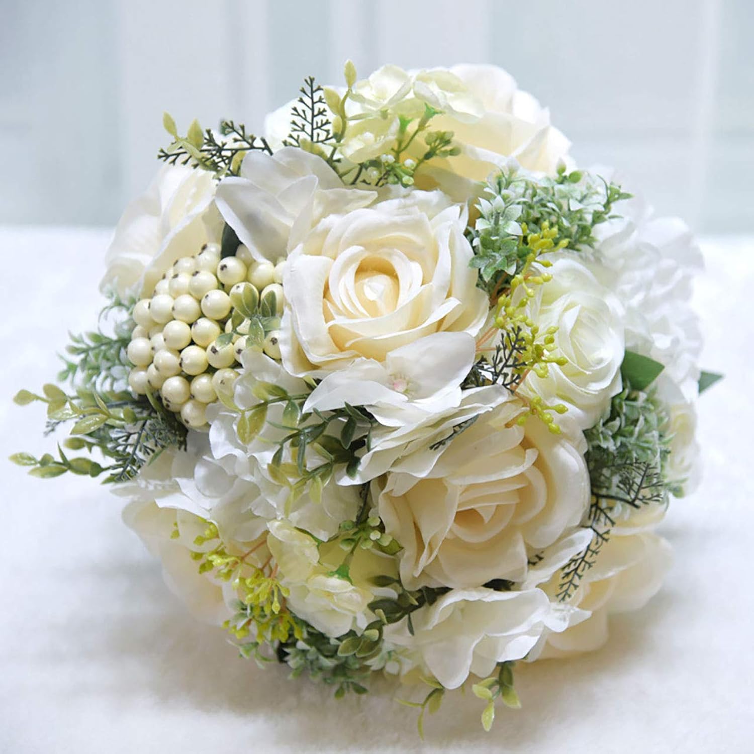 9.8" Bridal Holding Wedding Bouquet Real-Looking Mixed Flowers Ivory Greenery Bridal Throw Bouquet For Brides Bridesmaid Wedding Hold Flower, Ivory