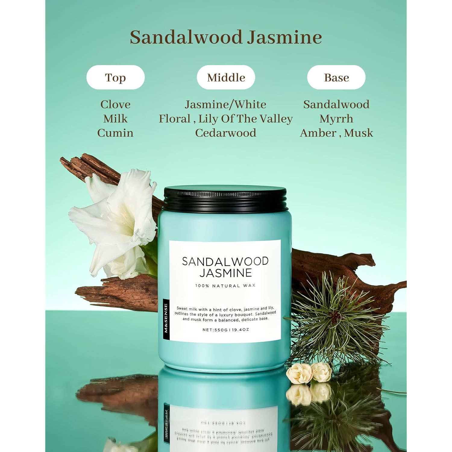Sandalwood Jasmine Scented Candles, Large Soy Natural Long Lasting 19.4Oz 110 Hour Burning Floral Non Toxic Double Wick Aromatherapy Candle Gifts For Women Friend