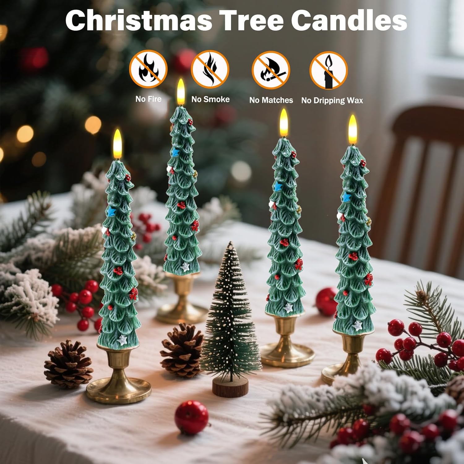 Christmas Flameless Candles Set Of 4, Flickering Christmas Tree Taper Candles With Remote & Timer, Dimmable Real Wax Electric Candles Battery Operated, Led Candlesticks For Home Xmas Decor (Green)