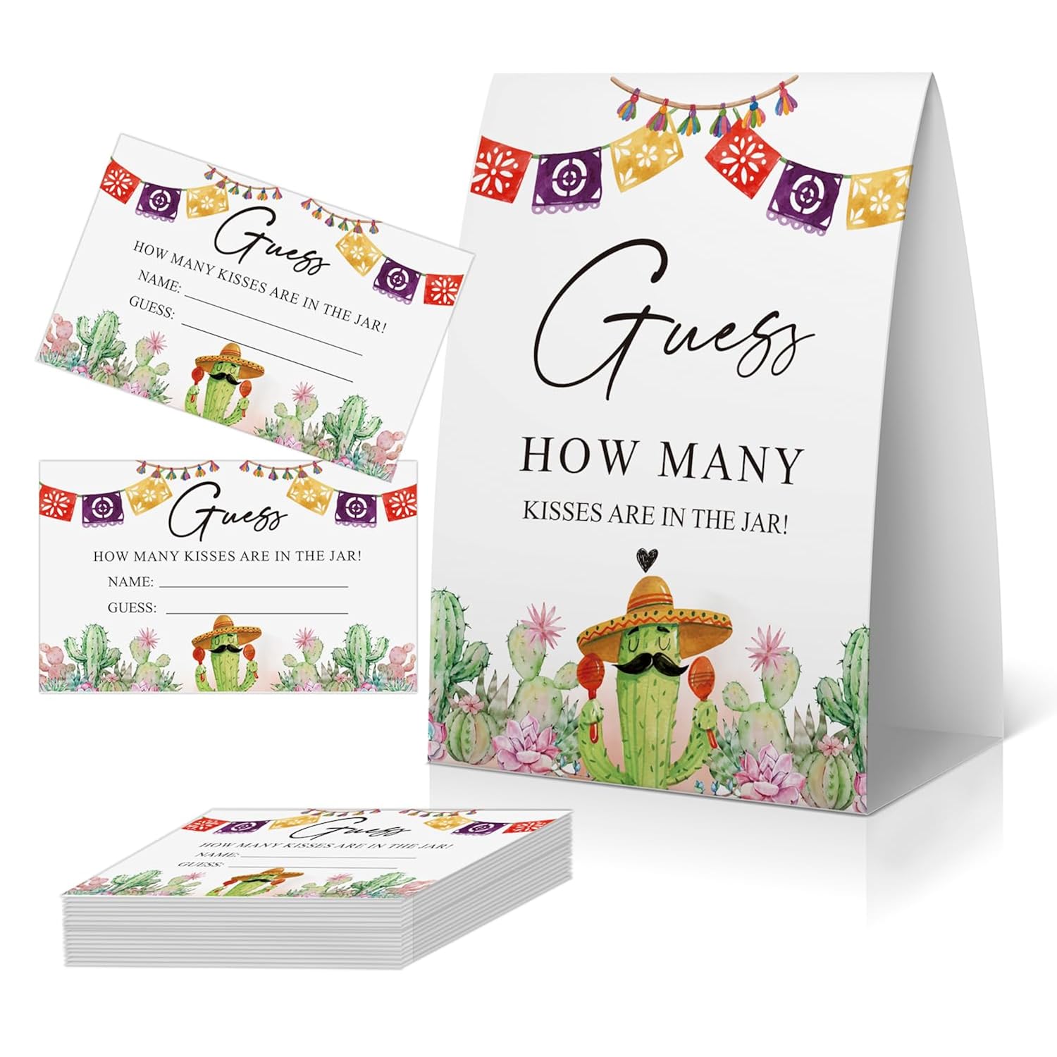 How Many Kisses Bridal Shower Game (1 Sign + 50 Cards), Fiesta Cactus Bridal Shower Games, Mexican Bachelorette Guessing Game, Taco Party Games -Ghmk03