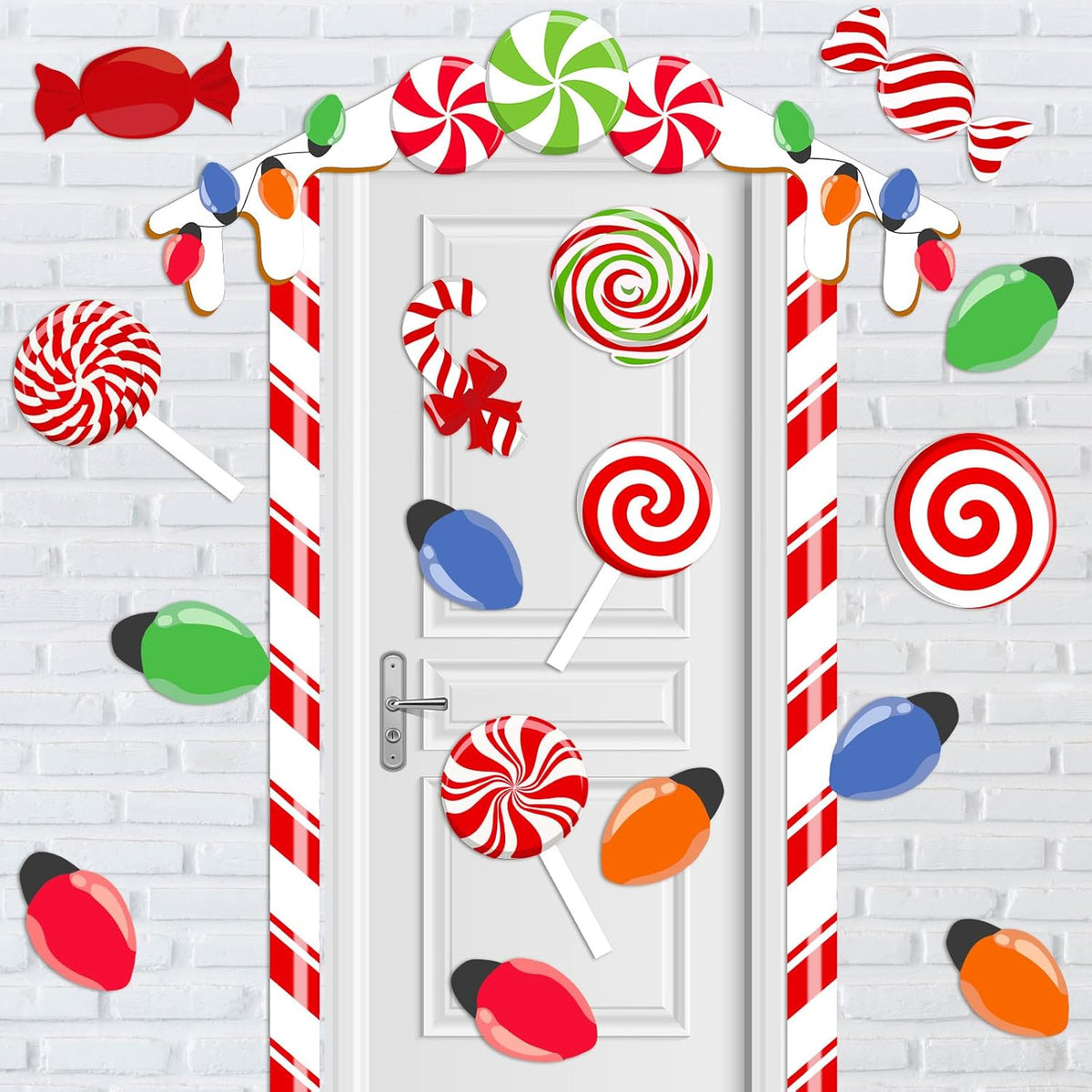20 Pcs Christmas Candy House Door Cover Large Christmas Door Decorations Candy Cane Covers Banner Gingerbread Backdrop For Classroom Wall Window Stickers Decor