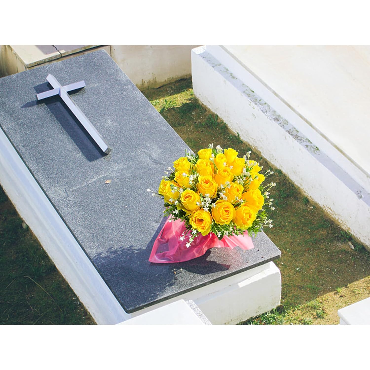 Artificial Flowers For Cemetery, Cemetery Flowers For Grave With 18 Silk Memorial Rose Flowers For Grave Vase Headstones Graveyard Decorations (Yellow)