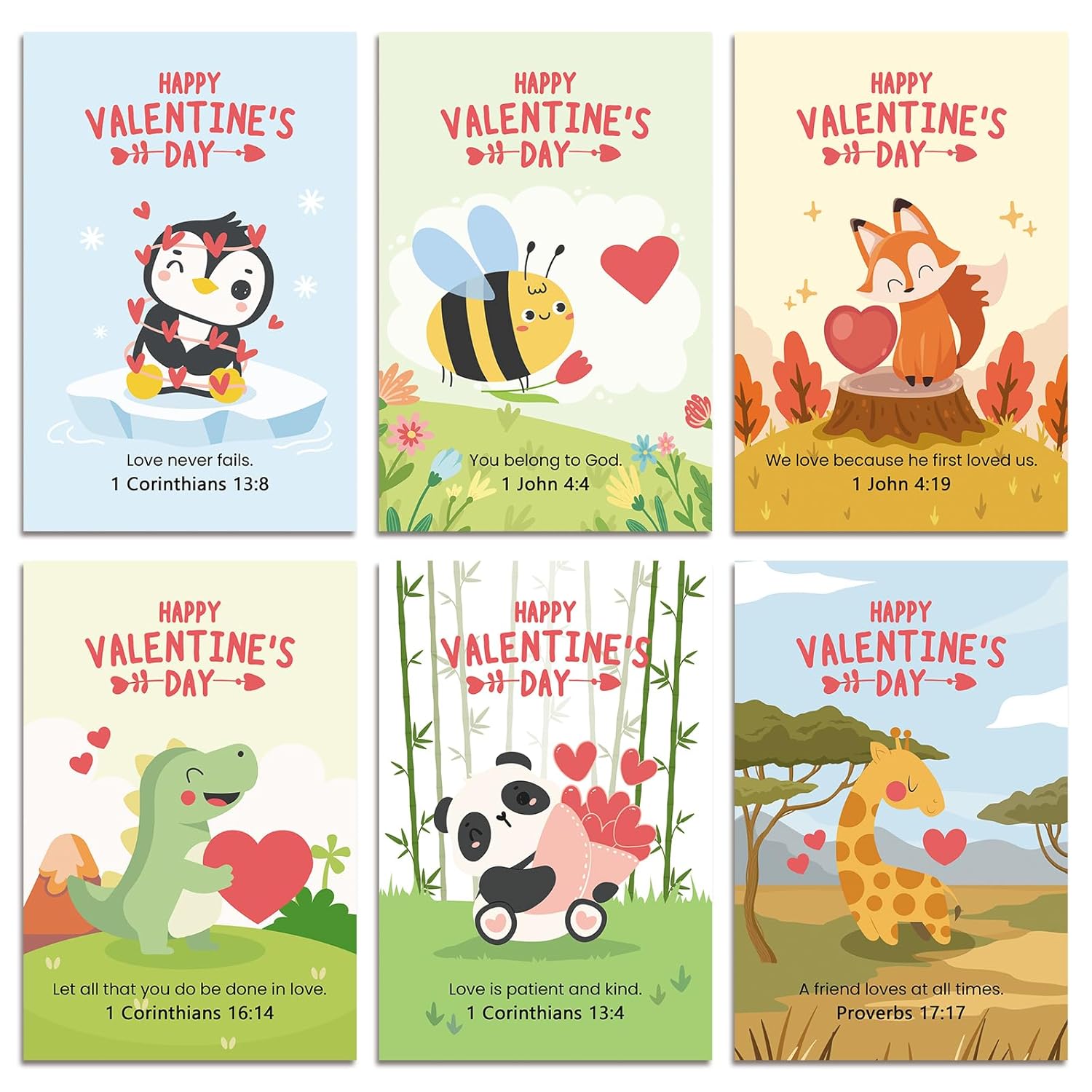 24 Assorted Religious Valentine'S Day Card Set, Bible Verse Valentines Cards With Envelopes And Stickers, Animal Christian Valentines Day Card Bulk For Kids School, 4 X 6 In(6 Designs, 4 Each)