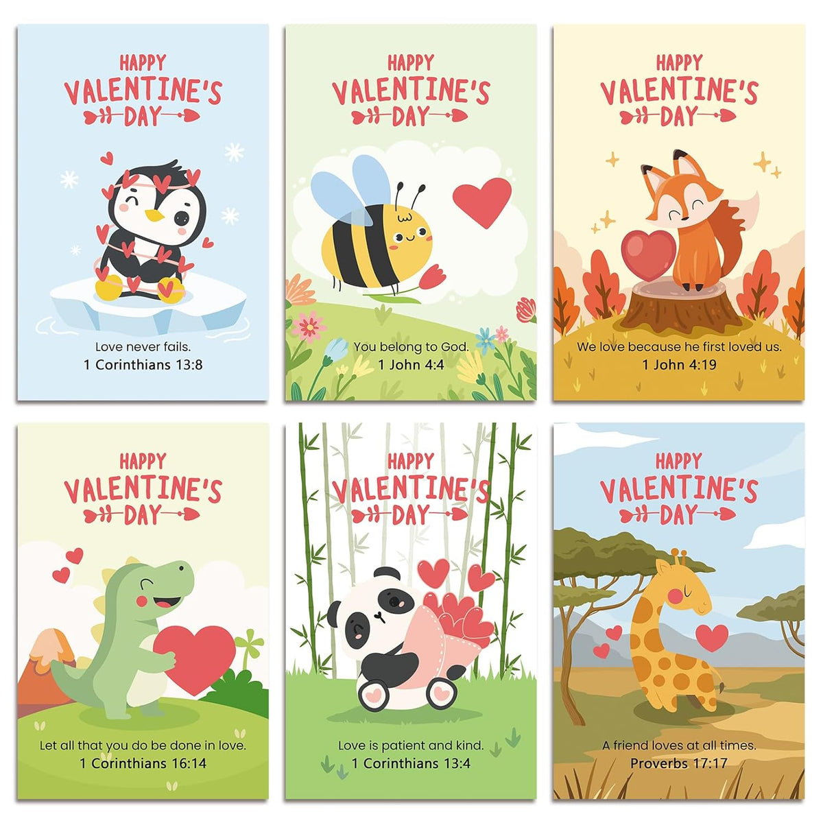 24 Assorted Religious Valentine'S Day Card Set, Bible Verse Valentines Cards With Envelopes And Stickers, Animal Christian Valentines Day Card Bulk For Kids School, 4 X 6 In(6 Designs, 4 Each)