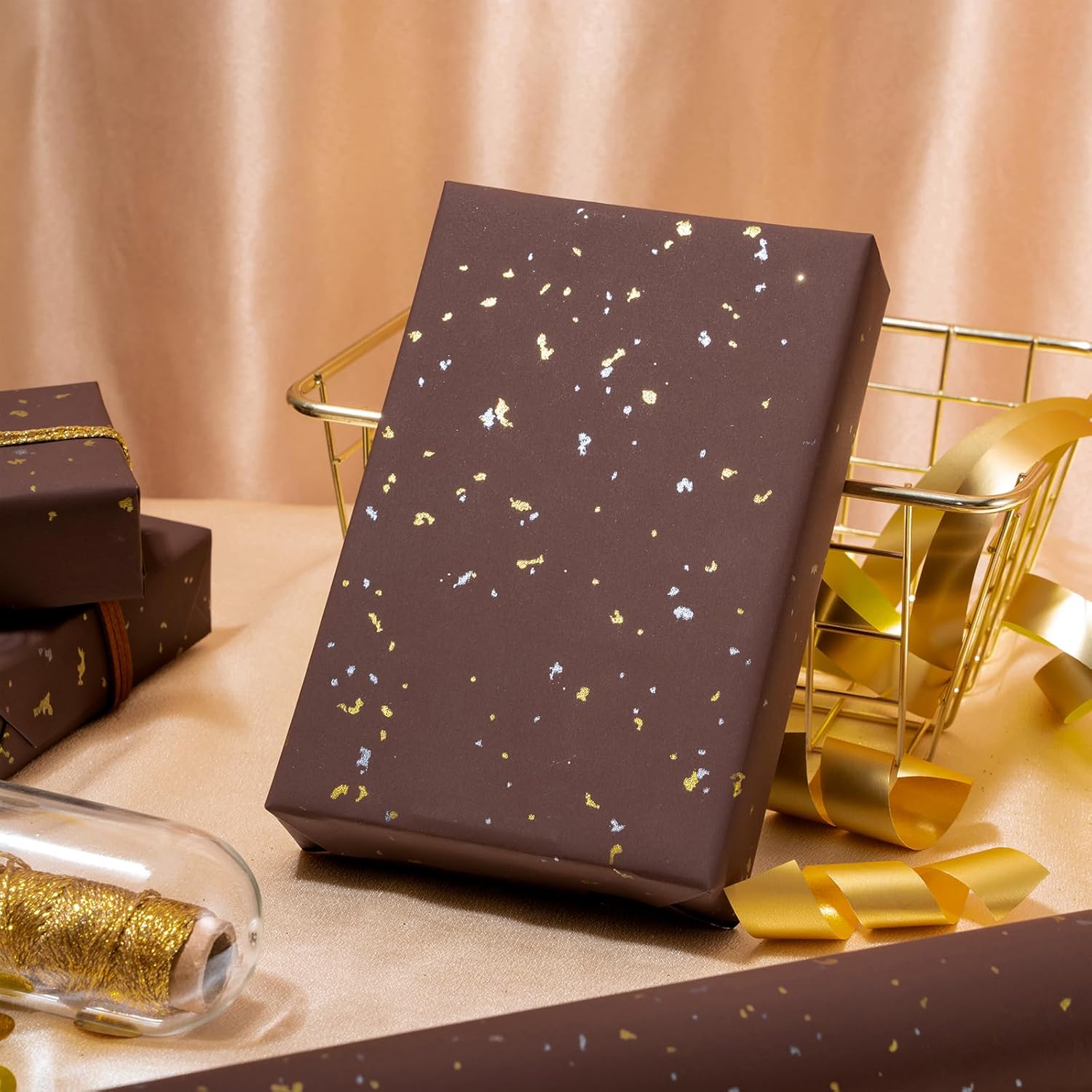 Chocolate Brown Wrapping Paper Roll - Mini Roll - 17 Inch X 16.5 Feet - Chocolate Brown Gold Design With Silky Touch Perfect For Birthday, Holiday, Wedding, Baby Shower
