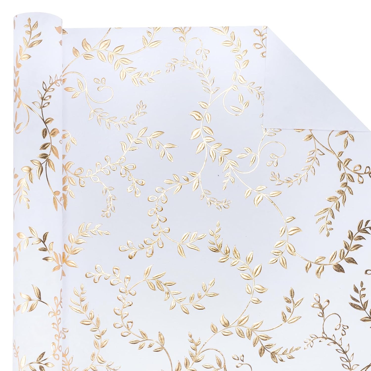 3D Kraft Wrapping Paper Roll - Mini Roll - 17 Inch X 16.5 Feet - Gold And White Leaves Design With Embossed Perfect For Birthday, Holiday, Wedding, Baby Shower