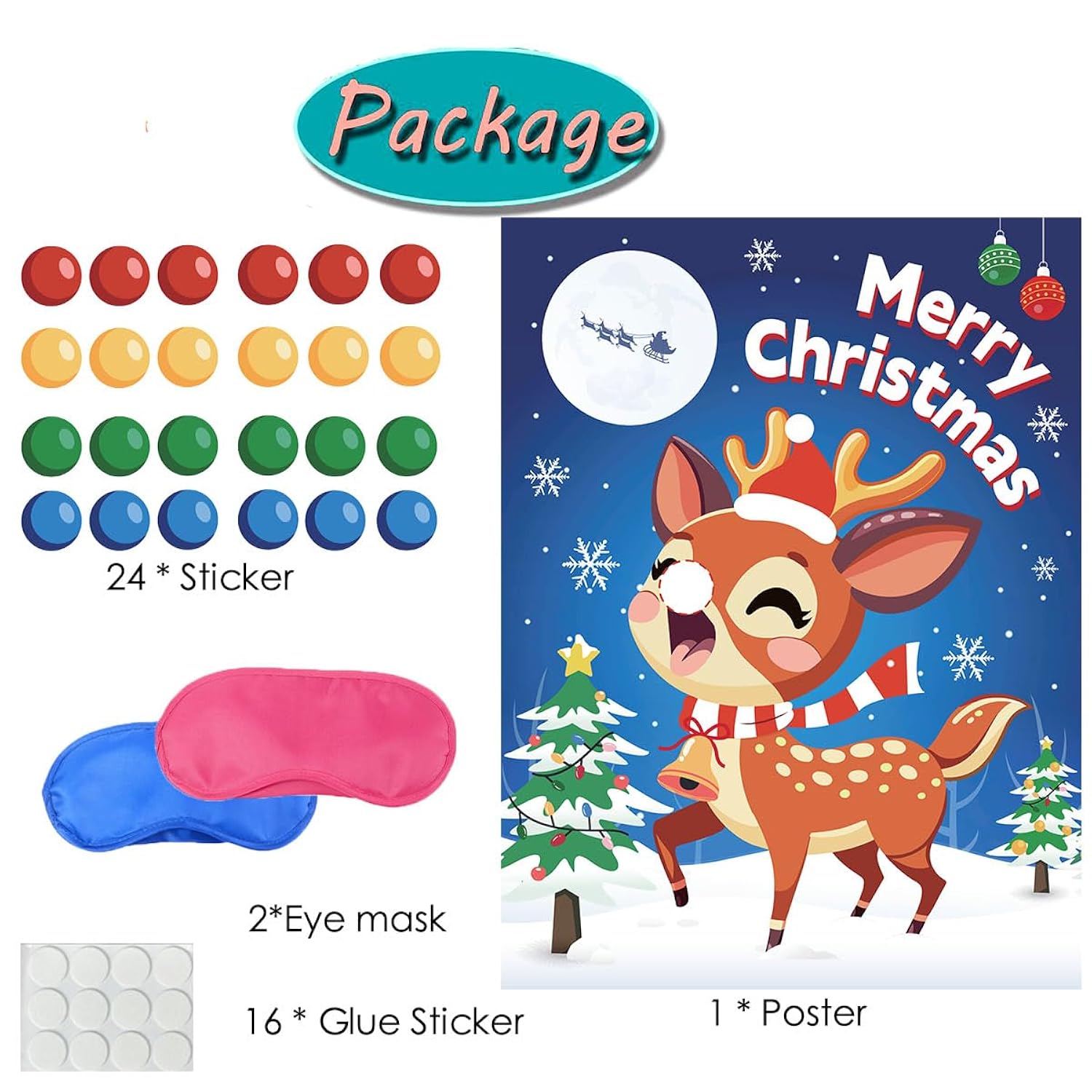 Christmas Games Pin The Noses On The Reindeer - Xmas Party Games Holiday New Year Activity 24 Stickers With 2 Blindfolds Winter Elk Party Supplies Pin Nose School Classroom Office Home Travel Trip