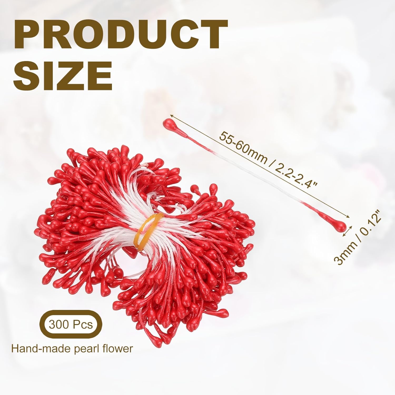 3Mm Flower Stamens, 300 Pcs Double Heads Flower Wire Stems Artificial Pistil Cake Matt Pearl Floral Stamen For Flowers Making Crafts Diy Christmas Wedding Decoration, Red