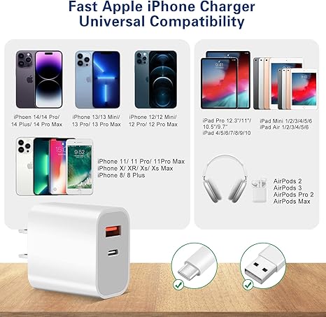 2 Pack Dual Port 20W USB C Fast Charger with 10FT USB C to Lightning Cable for iPhone and iPad