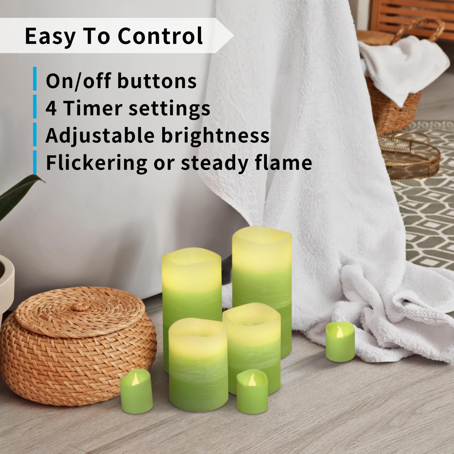 Green Ombre Led Candles With Remote, 4 Pillar And 4 Votives Pack Of 8, Real Wax Flameless Flickering Candles For Home Décor, Battery Operated