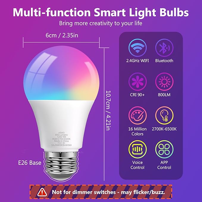 6 Pack Smart LED Light Bulbs RGBCW Color Changing WiFi Bluetooth A19 E26 60W Equivalent 800 Lumens