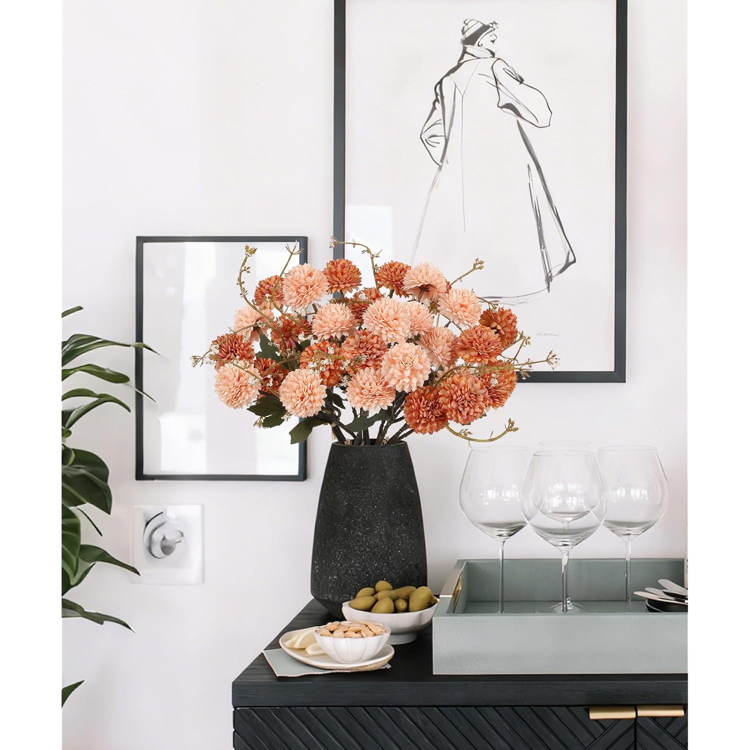 5 Bundles Pompon Mum Artificial Flowers, Fake Mini Chrysanthemums Boquuets 12” Faux Silk Pompon Mum Flowers For Centerpiece Bouquet Floral Arrangement Home Decor (Orange And Peach)