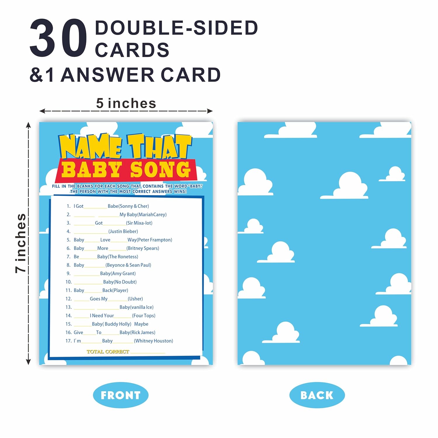 Baby Shower Name That Baby Song Game Cards, Sky & Clouds Theme - 5 X 7 Inches Double-Sided Fill In Game Cards 30 Cards & 1 Answer Card, Party Favor & Supplies-A04