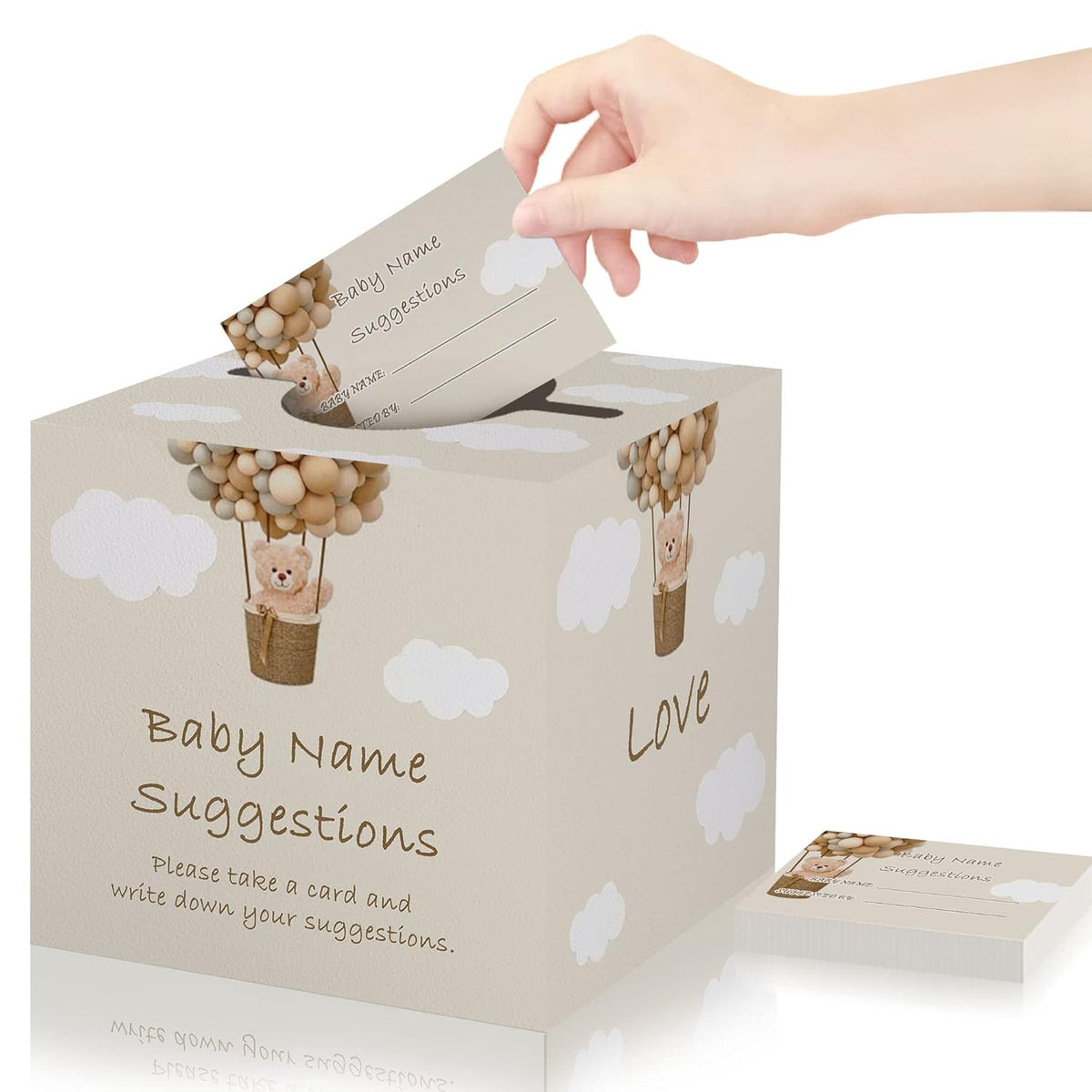 Baby Name Suggestion Cards With Box, Bear Balloon Themed Name Suggestion Tickets For Baby Shower, Baby Shower Games, Party Games Decorations Supplies, 1 Name Suggestion Card Collection Box & 50 Cards