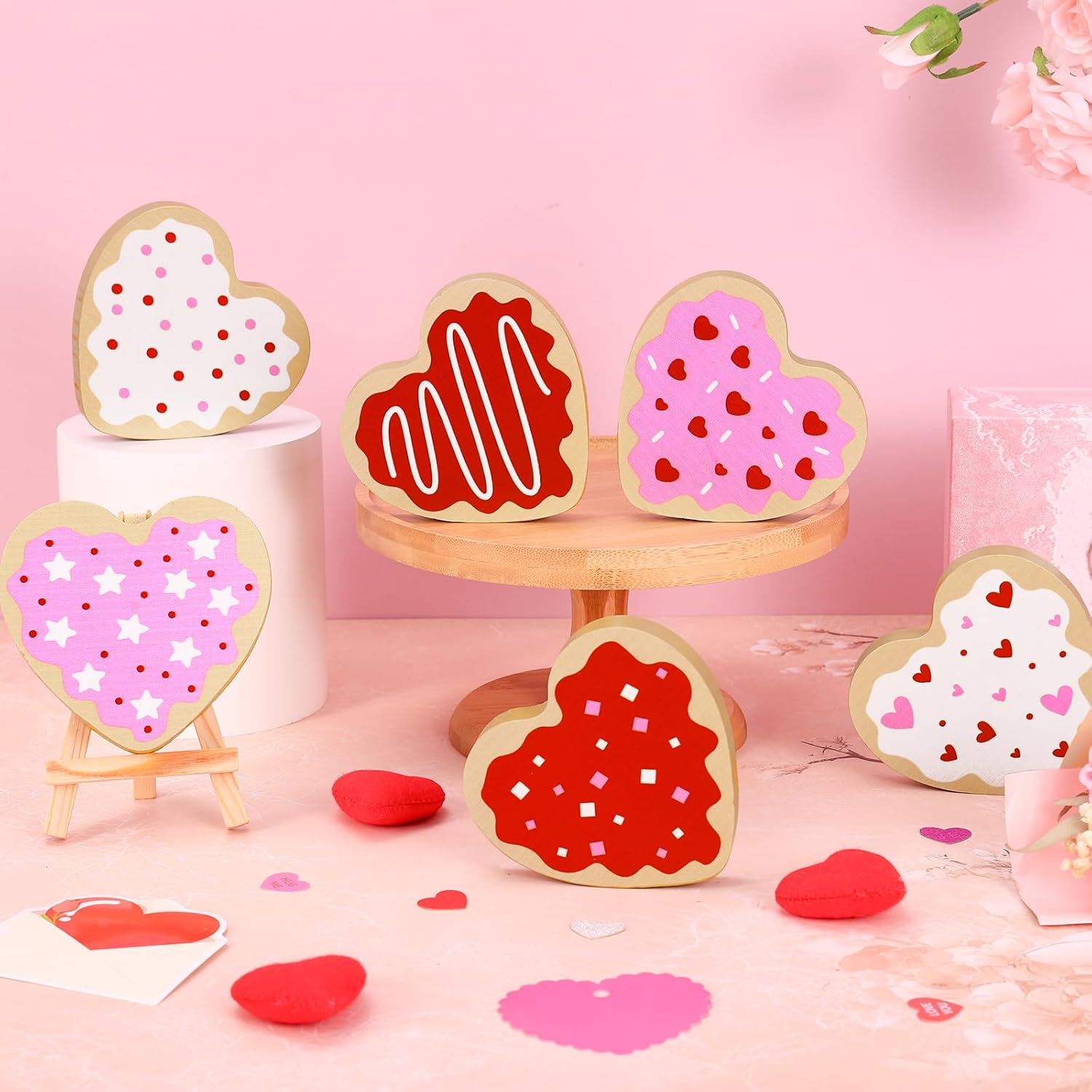 6 Pcs Valentine'S Day Wooden Heart Blocks Table Signs Sugar Cookie Wood Heart Tabletop Centerpieces For Home Tiered Tray Farmhouse Wedding Anniversary Party Decor