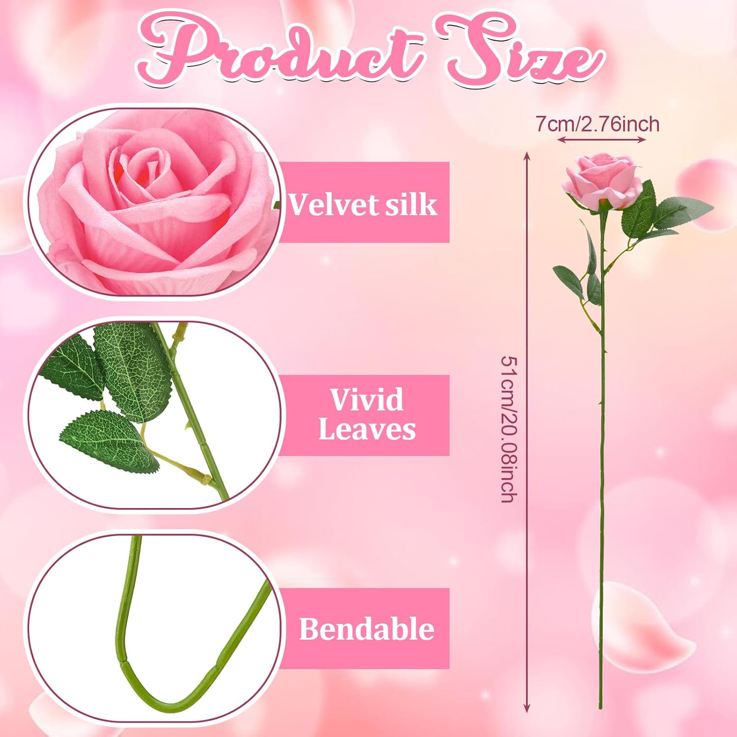 90 Pcs Pink Velvet Rose Artificial Flowers With Long Stems, Fake Silk Roses Real Touch Fake Roses Florals For Birthday Wedding Bouquet Party Arrangement Decorations
