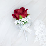 2Pcs Red Artificial Rose Corsage Wristlet Band And Men Boutonniere Set, For Prom Suit Decorations Wedding Party Flower Accessories