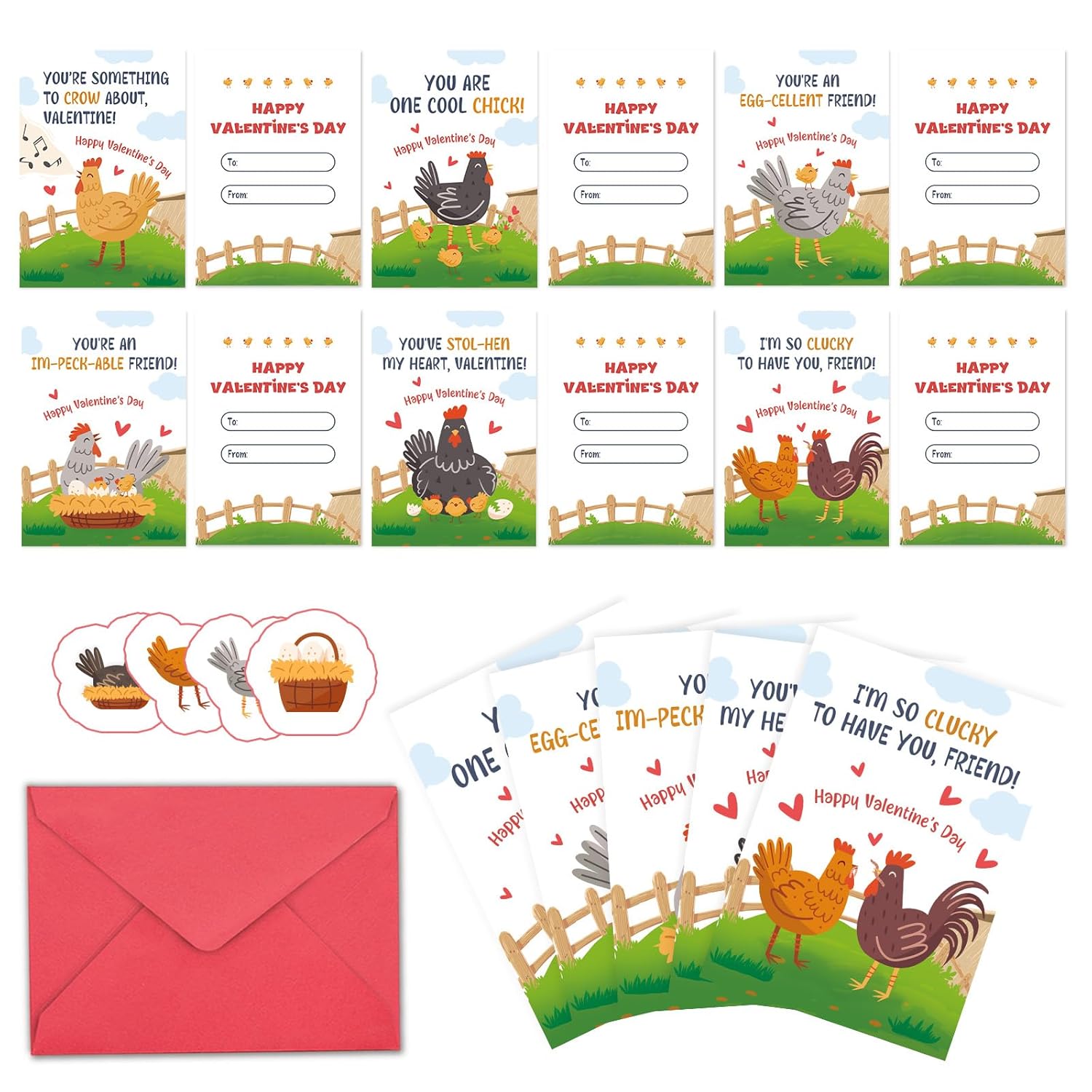 36 Pack Chicken Valentines Day Cards For School Exchange, 6 Cute Chickens Designs Happy Valentine’S Day Cards With Envelopes For Kids Teens, 3.5X5In Mini Size